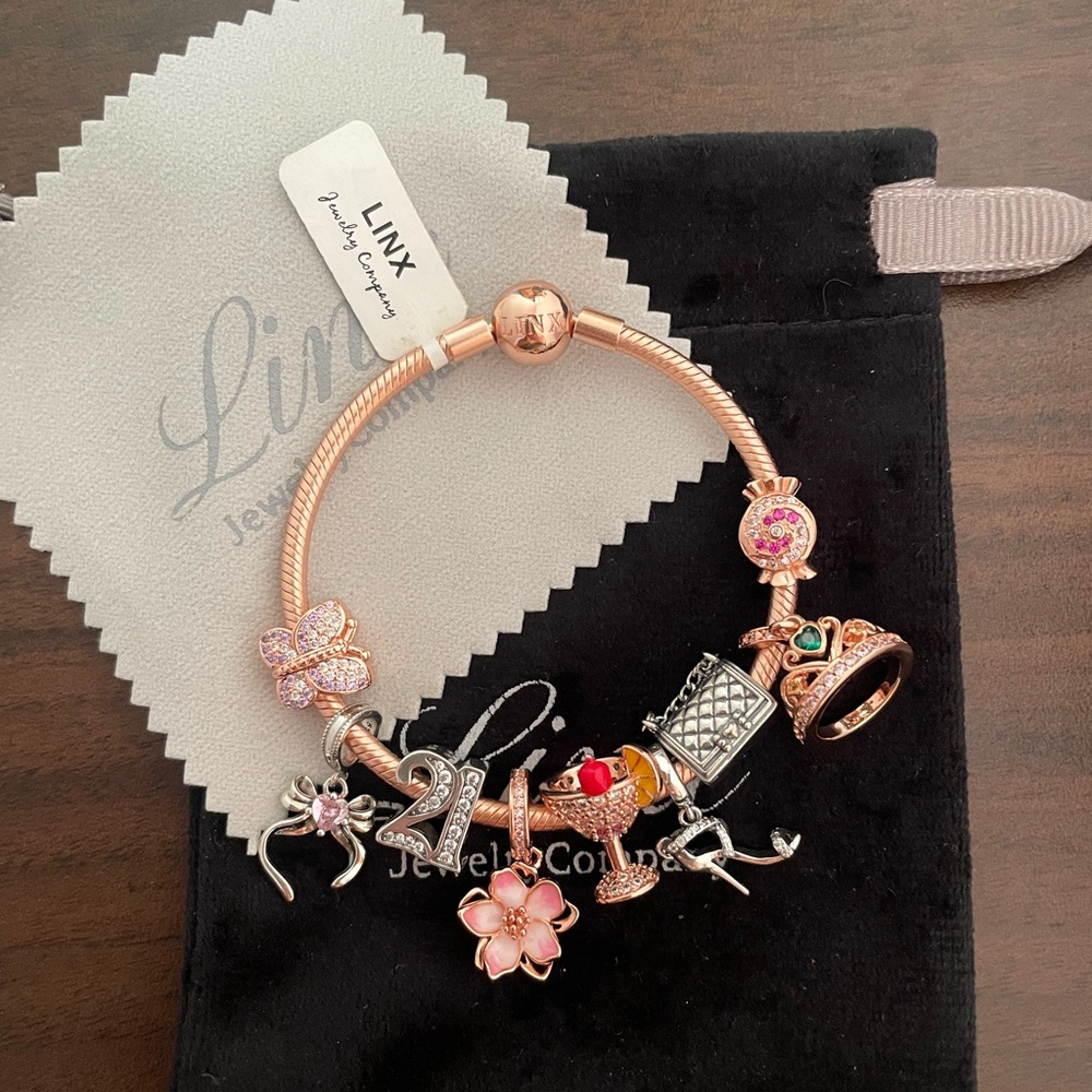 Linx Rose Gold Snake Chain Bracelet with 21st Birthday Themed Charms